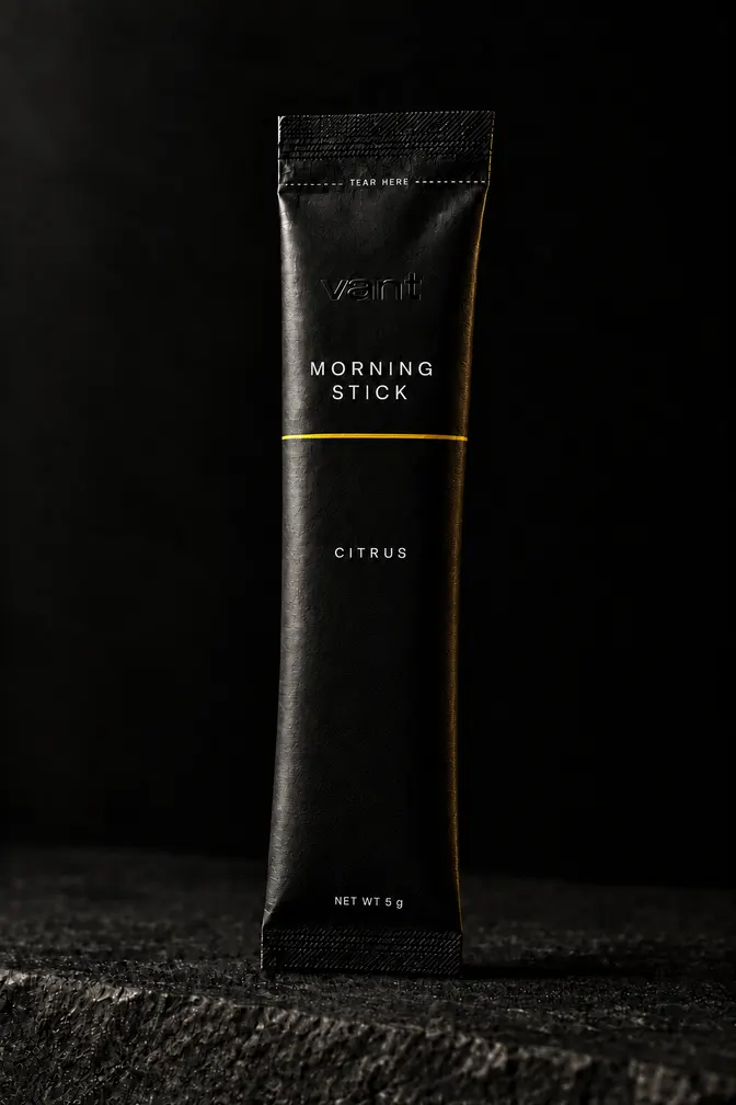 vant morning stick: a matte black sachet standing on black, the debossed vant wordmark above MORNING STICK, the citrus first-light line across the pack, CITRUS below it and NET WT 5 g at the foot